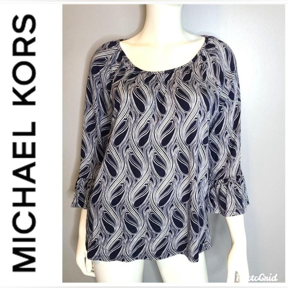 Michael Kors Blouse, Navy White, Abstract Print, 3/4 Bell Sleeve, Medium.